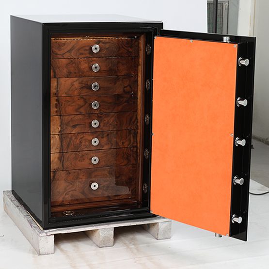 High Gloss Black Lacquer And Burnt Orange Grade 1 Jewellery Safe 7 Drawers