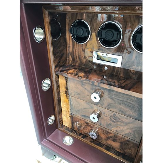 Lichfield Bespoke Safes Matt Burgundy Grade 1 Jewellery/Watch Winder Safe - Size 3 (3 Rapport Watch Winders & 3 Drawers)