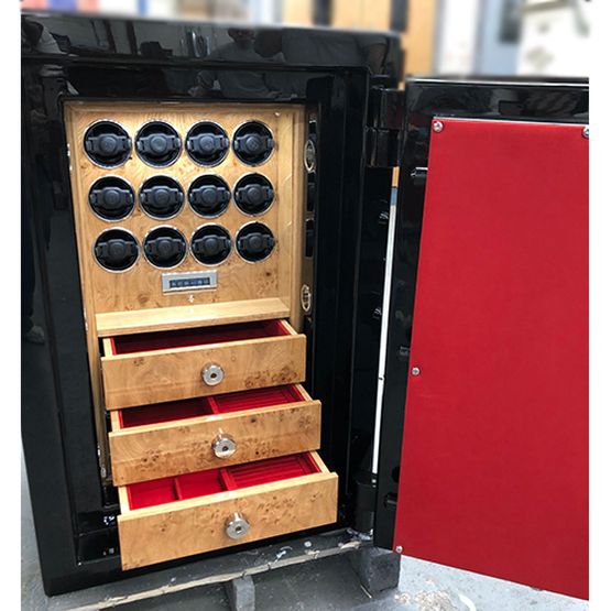 Black High Gloss Lacquer and Cartier Red Watch Winder Safe - Johnson's Of Lichfield Luxury Safes