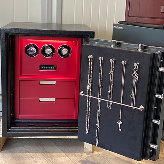 Johnson's Of Lichfield Luxury Safes Matt Black and Cartier Red Watch Winder Safe - 3 Watch Winder and 2 Drawers Safe